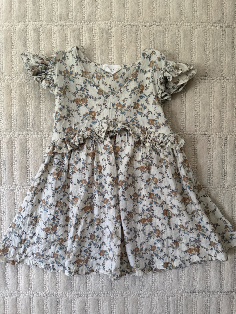 Girls Floral Ruffle Casual Dress - Blue & Brown